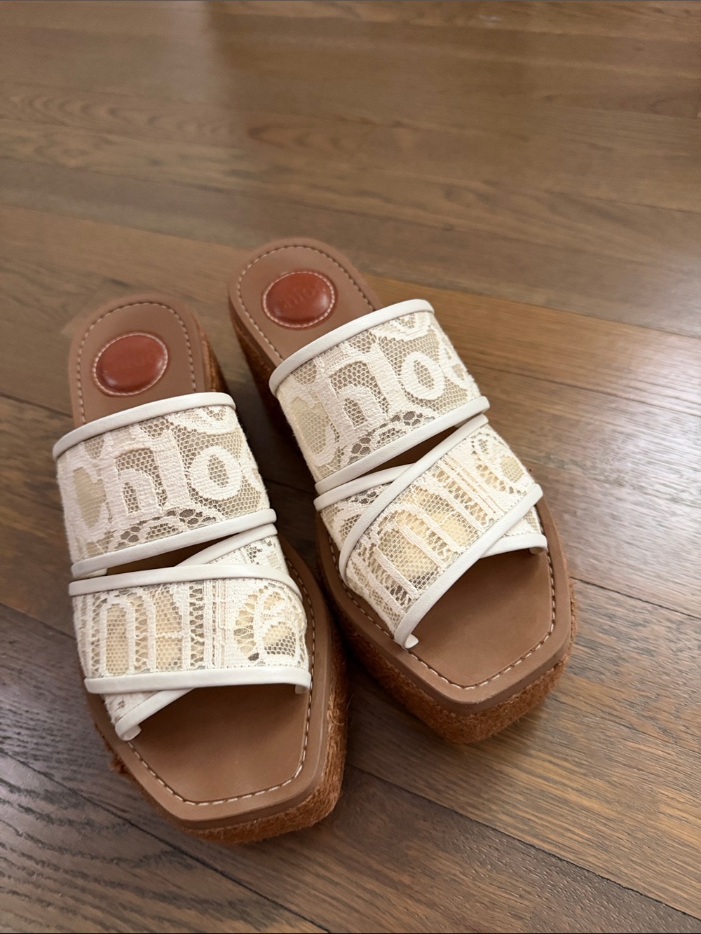 Chloe Cream Lace Platform Slide Sandals with Tan Footbed